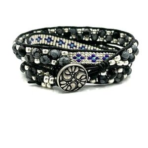 HAND CRAFTED Black Leather Wrap Bracelet with Seed Beads